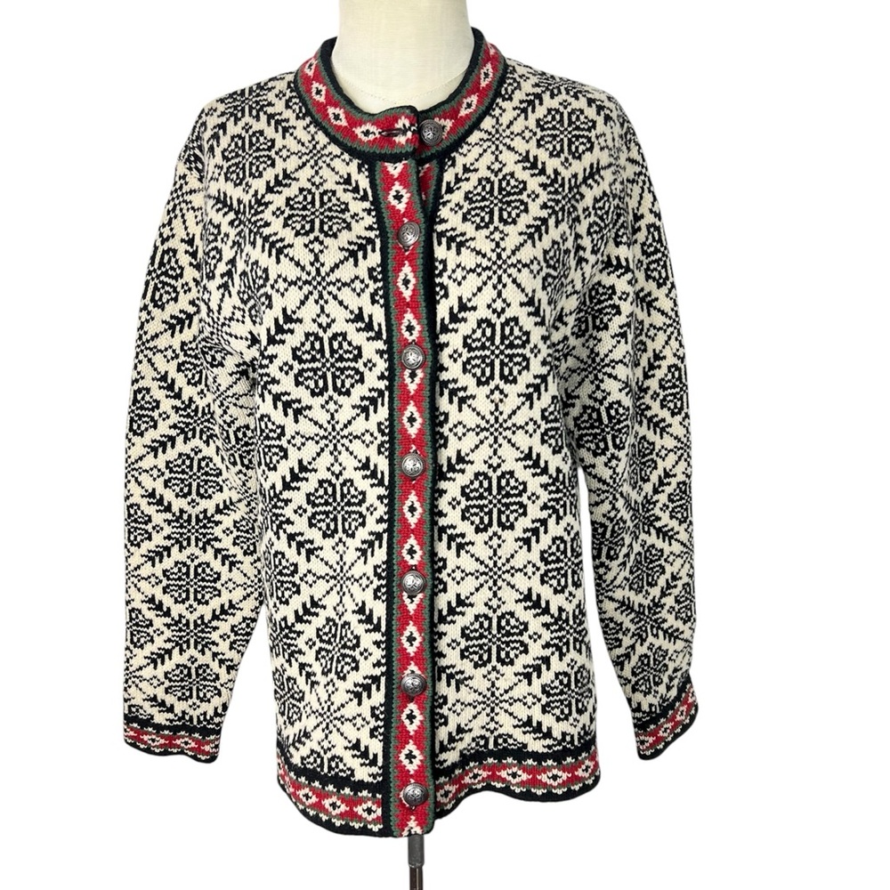 L.L. Bean Black and Cream Vintage Nordic Merino Wool Cardigan snowflake Lodge
